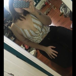 Yellow and White Striped Wrap Crop Tank Top